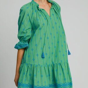 EMBROIDERED TASSEL DETAIL RUFFLE PLEATD HEM V NECK SUMMER WOMEN DRESS CASUAL